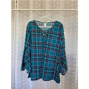 #15 Plaid Turquoise Multi front tie & hole tee - curve size